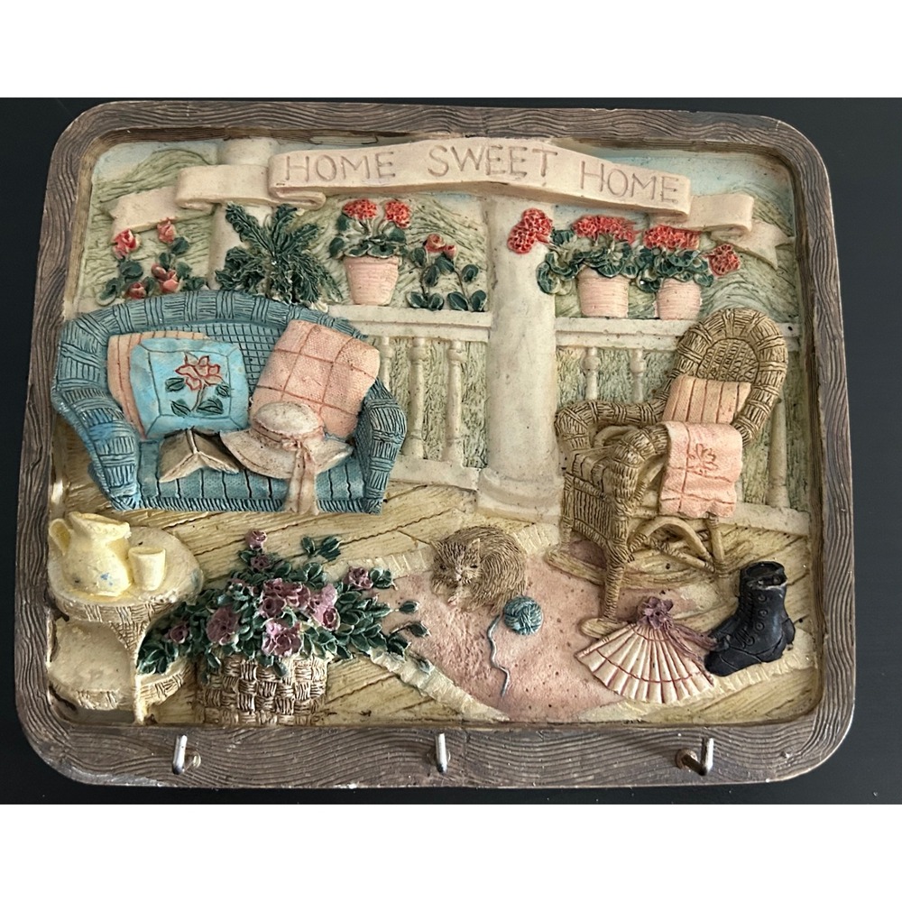 Key Rack Wall Plaque Home Sweet Home Porch Scene 10x8 Multi Color Good Unbranded
